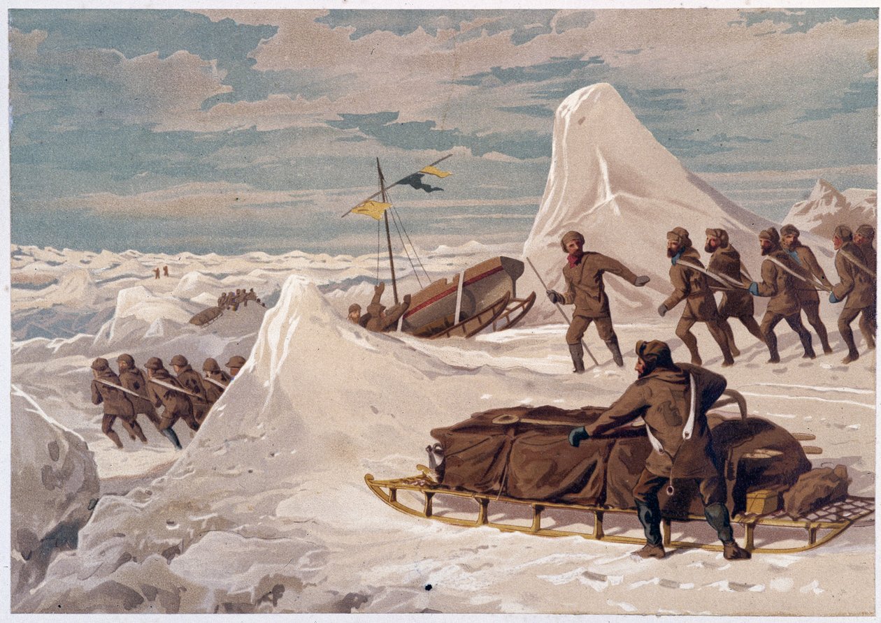 Muži a sáně – v „“Pobřeží polárního moře, vyprávění o arktické expedici“ od Dr. Edwarda Moose, Marcus Nard & Co, Londýn od Unknown artist