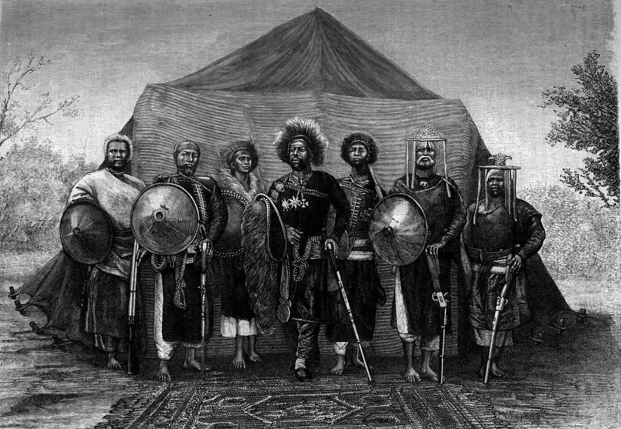 Menelik II (1844-1913), král Etiopie, obklopuje své armádní náčelníky. Rytina do „“Le Journal de la jeunesse““ od Unknown artist