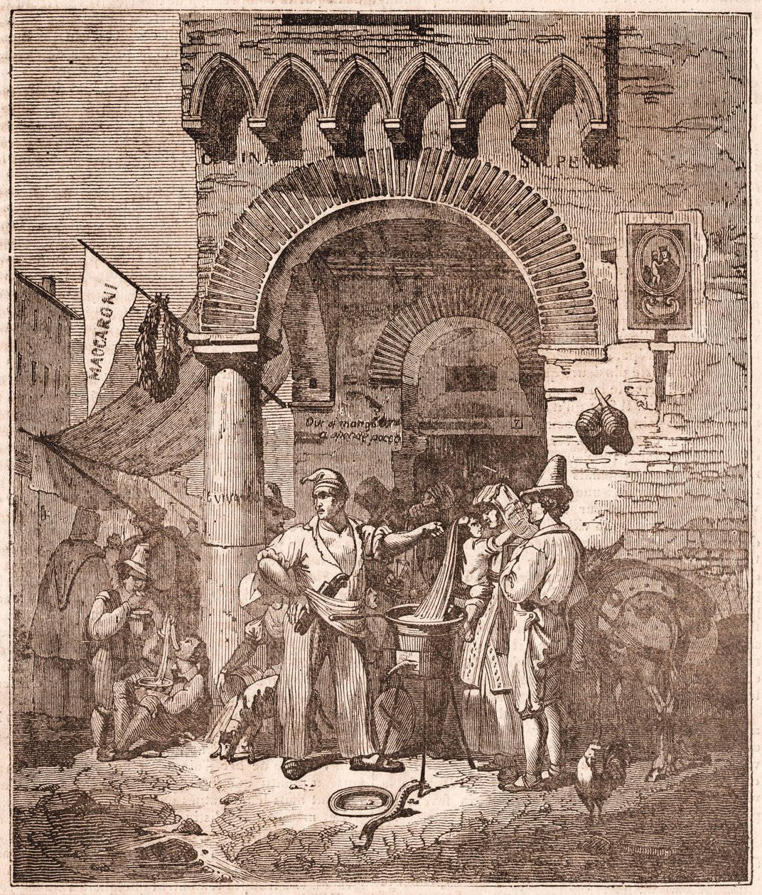 Obchodník vařící těstoviny v hrnci, italská scéna (rytina) od Unknown artist