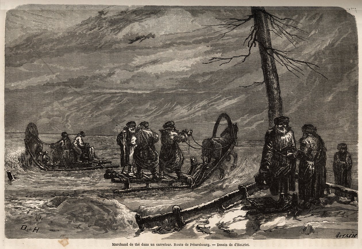 Obchodník se sanitkou má sněhovou křižovatku silnice do Petrohradu. Kresba Henrieta pro ilustraci jeho cesty do ruských pobaltských provincií v letech 1851-54. Rytina v „“Le tour du monde““, editoval Edouard Charton od Unknown artist