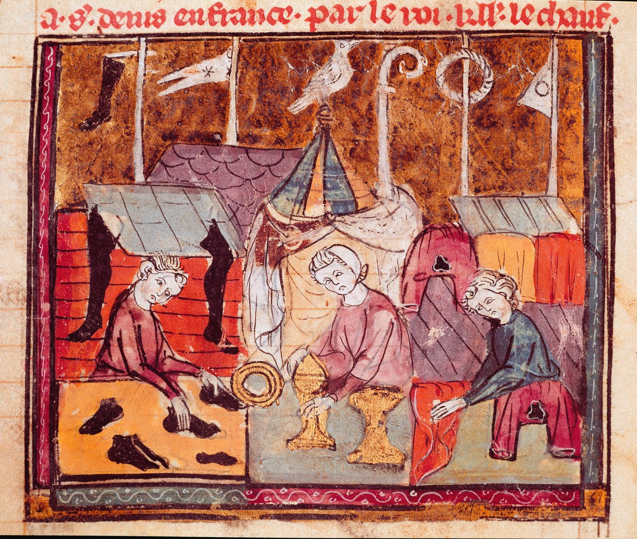 Obchodníci (švec, zlatník, obchodník s látkami) na veletrhu Lendit poblíž Saint Denis Miniature z „“Grandes Chronicles de France““ 1375-1379 Městská knihovna, Castres od Unknown artist