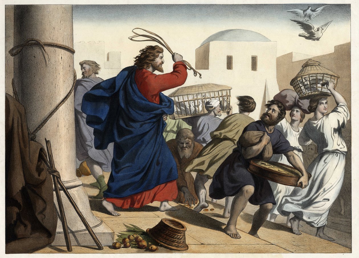 Obchodníci vyhnali z chrámu. Anonymní rytina z poloviny 19. století. od Unknown artist