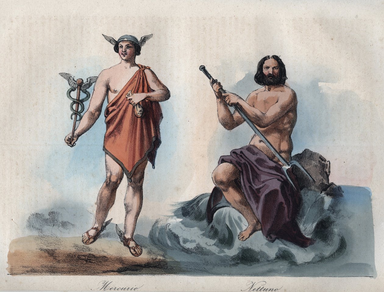 Mercurius (Hermes) a Neptun (Poseidon) - rytina z „“ Zvyků a tradic všech národů vesmíru. Tedy Dějiny vlády, zákonů, milicí, náboženství všech národů od nejvzdálenějších dob až po současnost „1856 od Unknown artist