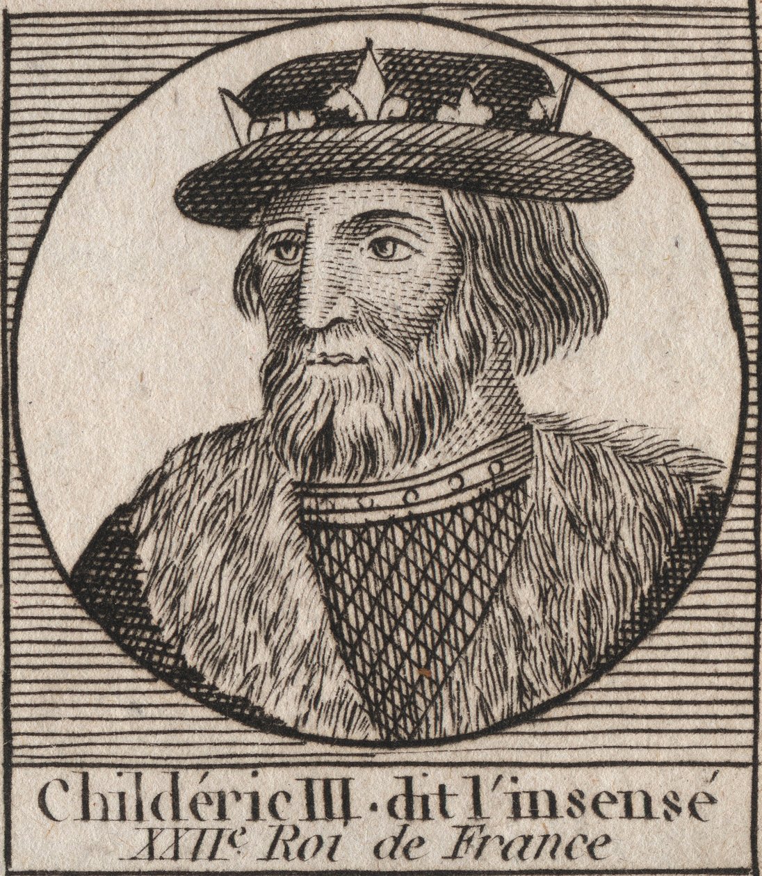 Dynastie Merovejců: Portrét Childerica III. (714-755) Král Franků - CHILDERIC III († 754) Král Franků, 741-751 a poslední z Merovejců - rytina z „“ Instruction sur l