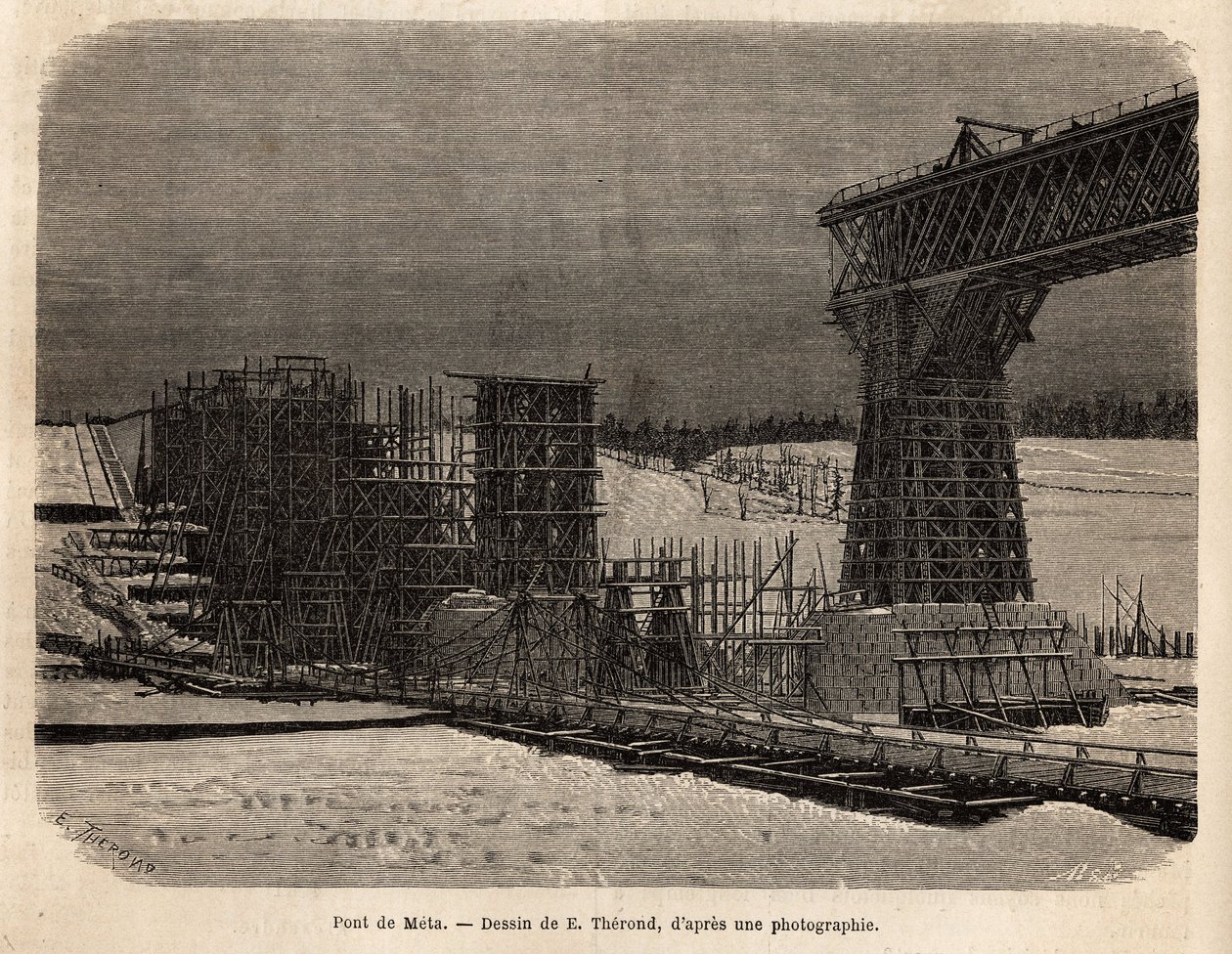 Meta Bridge (Ukrajina), ve výstavbě. Rytina pro ilustraci La Russie libre, od Williama Hepwortha Dixona, v roce 1869, publikovaná v „“Le tour du monde“““ 1872, editoval Edouard Charton, vydání Hachette, Paříž. Kolekce Selva. od Unknown artist