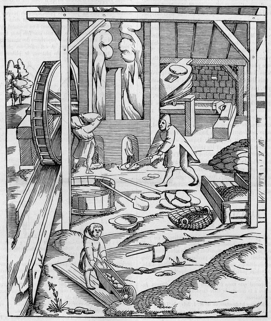 Dmychadlo kovové pece poháněné hydromotorem. Fac simile (Fac-simile) rytiny publikované v „“ Cosmographie““ (1555) od Sebastiena Munstera. Gravírování do „“ Příroda: přehled věd a jejich aplikací v umění a průmyslu „“ z 10 od Unknown artist