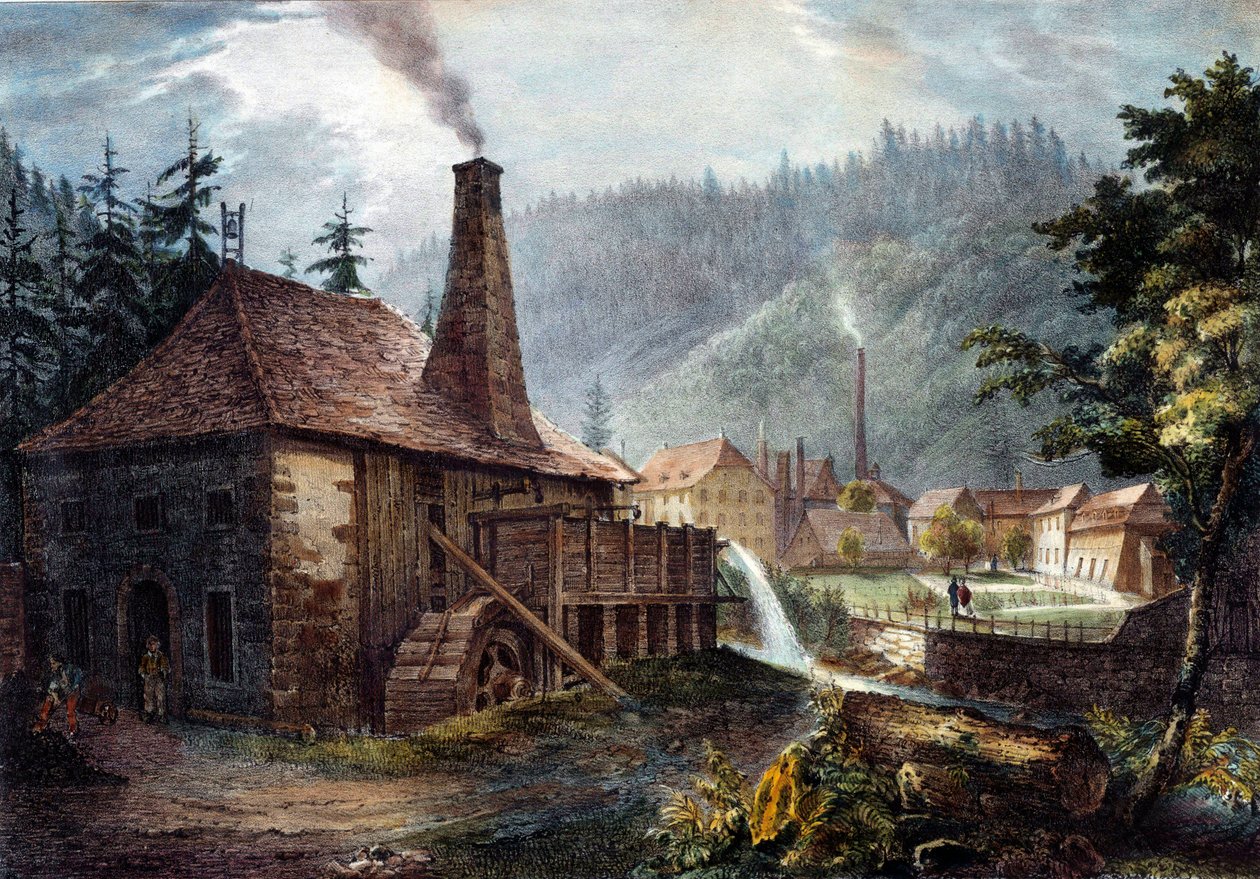 Hutnictví: Pohled na Framontovy kovárny. Litografie kolem roku 1850. Nancy, historické muzeum Lorraine od Unknown artist