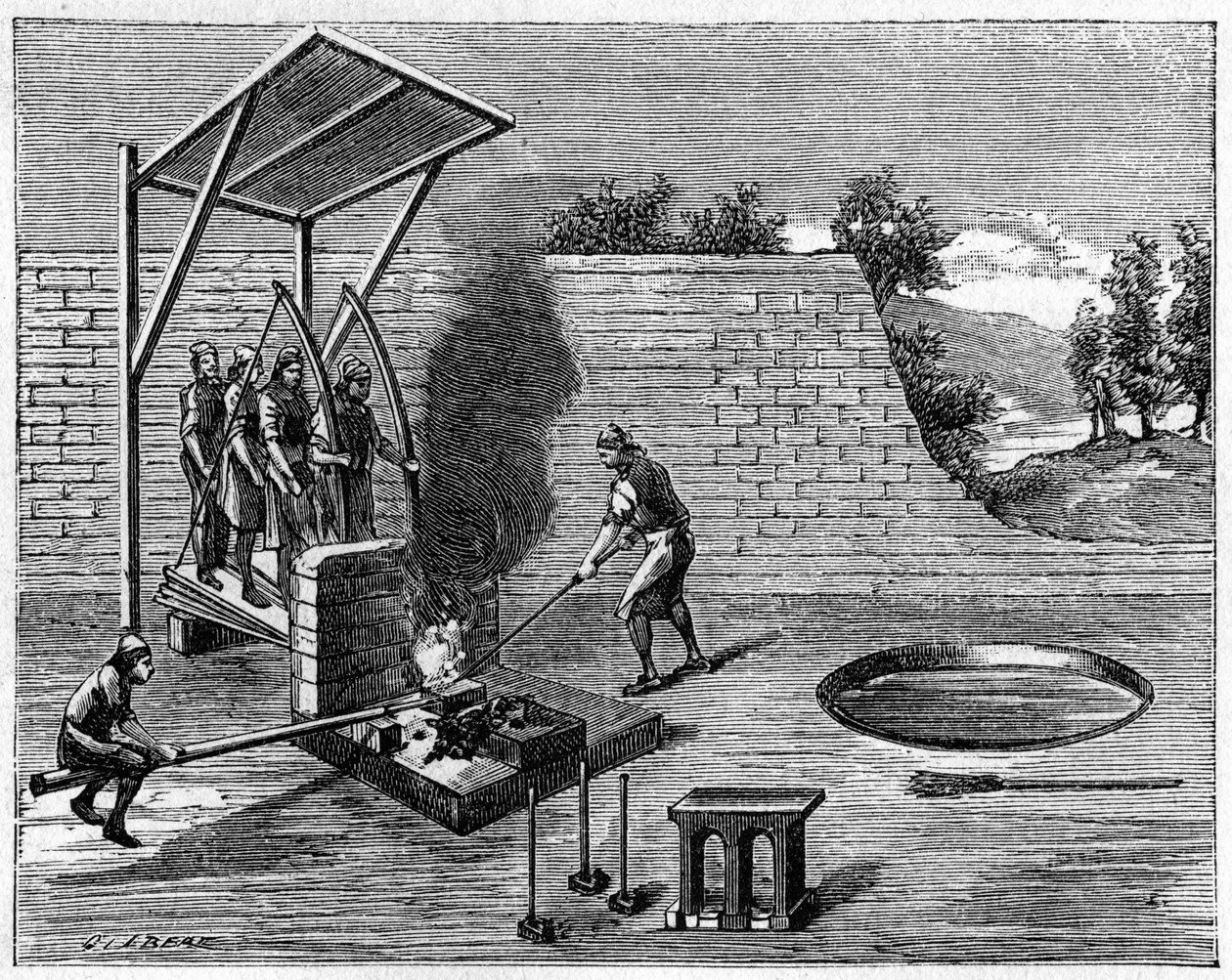 Hutnictví v 18. století: odstranitelný dům pro chodící kováře. Gravírování do „“ Příroda: přehled věd a jejich aplikací v umění a průmyslu““ z 8. srpna od Unknown artist