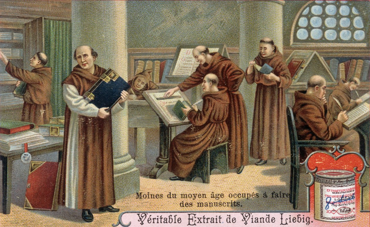 Středověký mnich píšící rukopisy. Chromolitografie, Liebigův snímek od Unknown artist