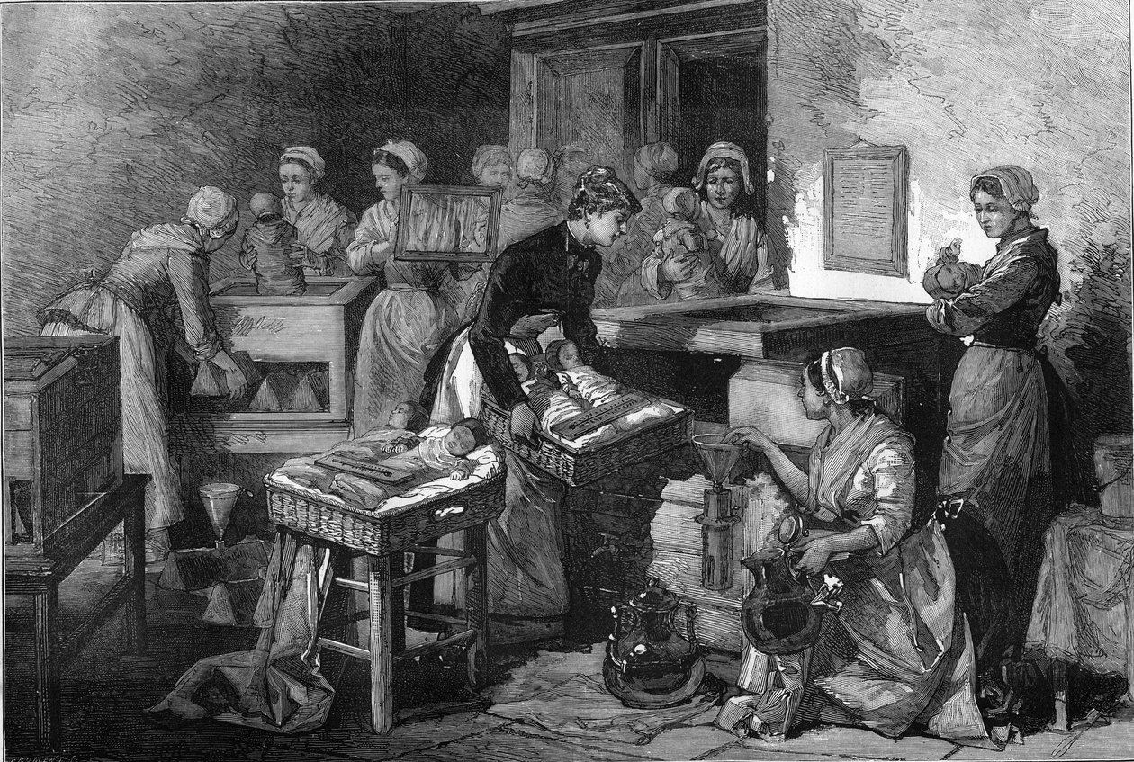 Porodní asistentka (porodní asistentka), sestry a inkubátory: Vybavení porodnice pro zachování života dětí narozených před termínem v Paříži. Gravírování v „“Le Monde Illustré““ od Unknown artist