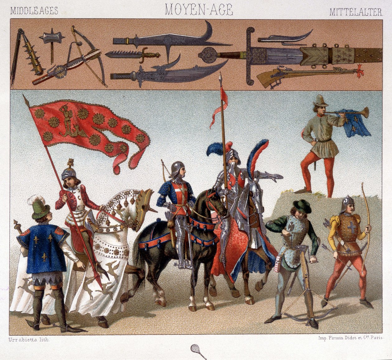 Vojenské kostýmy ve středověku mezi lety 1439 a 1450. V „Historickém kostýmu“ od A. Racqueta od Unknown artist