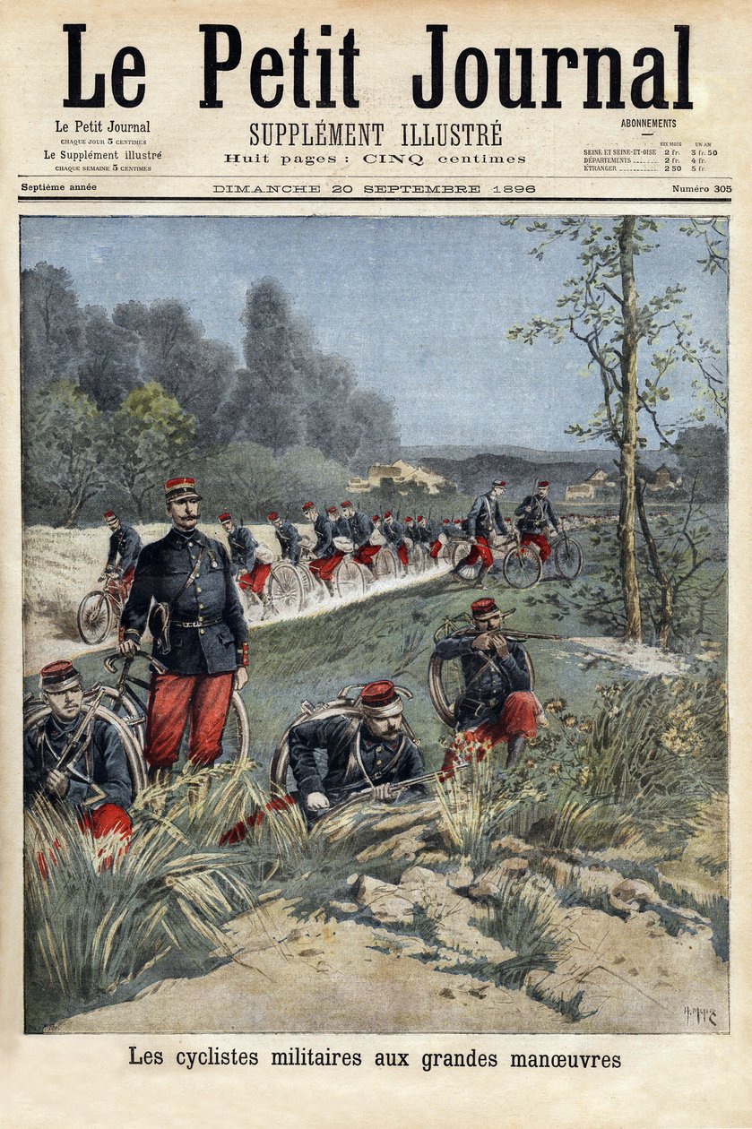 Vojenští cyklisté na velkých manévrech. Rytina v „“ Le petit journal“ 20/09/1896. Selva sbírka. od Unknown artist