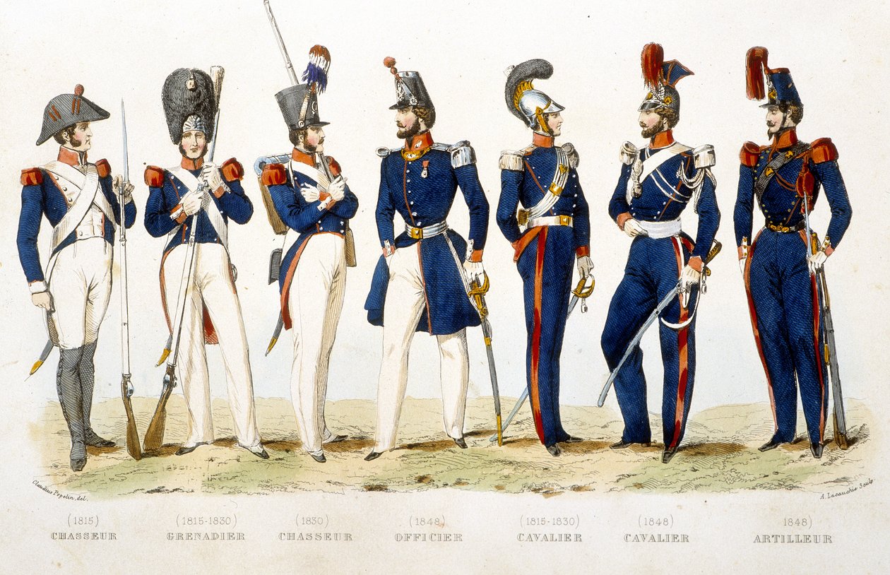 Vojenská uniforma: lovec (1815), granátník (1815 - 1830), lovec (1830), důstojník (1848), jezdec (1815 - 1830), jezdec (1848), střelec (1848) - ve „Fasttes de Gardes nationales de France “ od Unknown artist