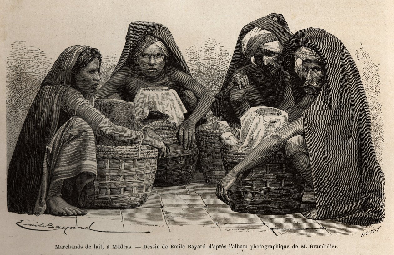 Obchodníci s mlékem v ulicích Madrasu (dnešní Chennai, Tamil Nadu). Rytina pro ilustraci plavby v poledníkových provinciích Indie od Alfreda Grandidiera v letech 1862-1864, publikovaná v „” le tour du monde””, pod vedením D