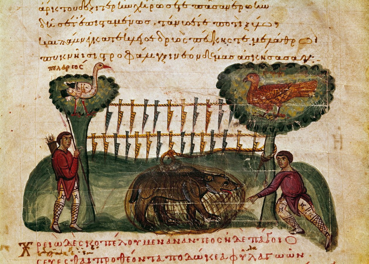 Miniaturní scéna lovu medvědů z lovu „“ The Cynegetics““ od Oppiana (Oppian nebo Oppianus) ze Sýrie (3. století našeho letopočtu) věnovaná Caracallovi. Benátky 11. století. Knihovna Marciana od Unknown artist