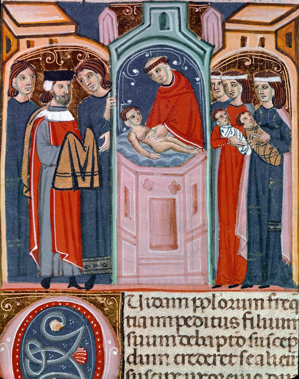 Miniaturní scéna křtu převzatá z Justiniánského zákoníku (Codex Justinianus), sbírky zákonů a institucí vydaných za římského císaře Justiniána I. Byzantského (483-565) od Unknown artist