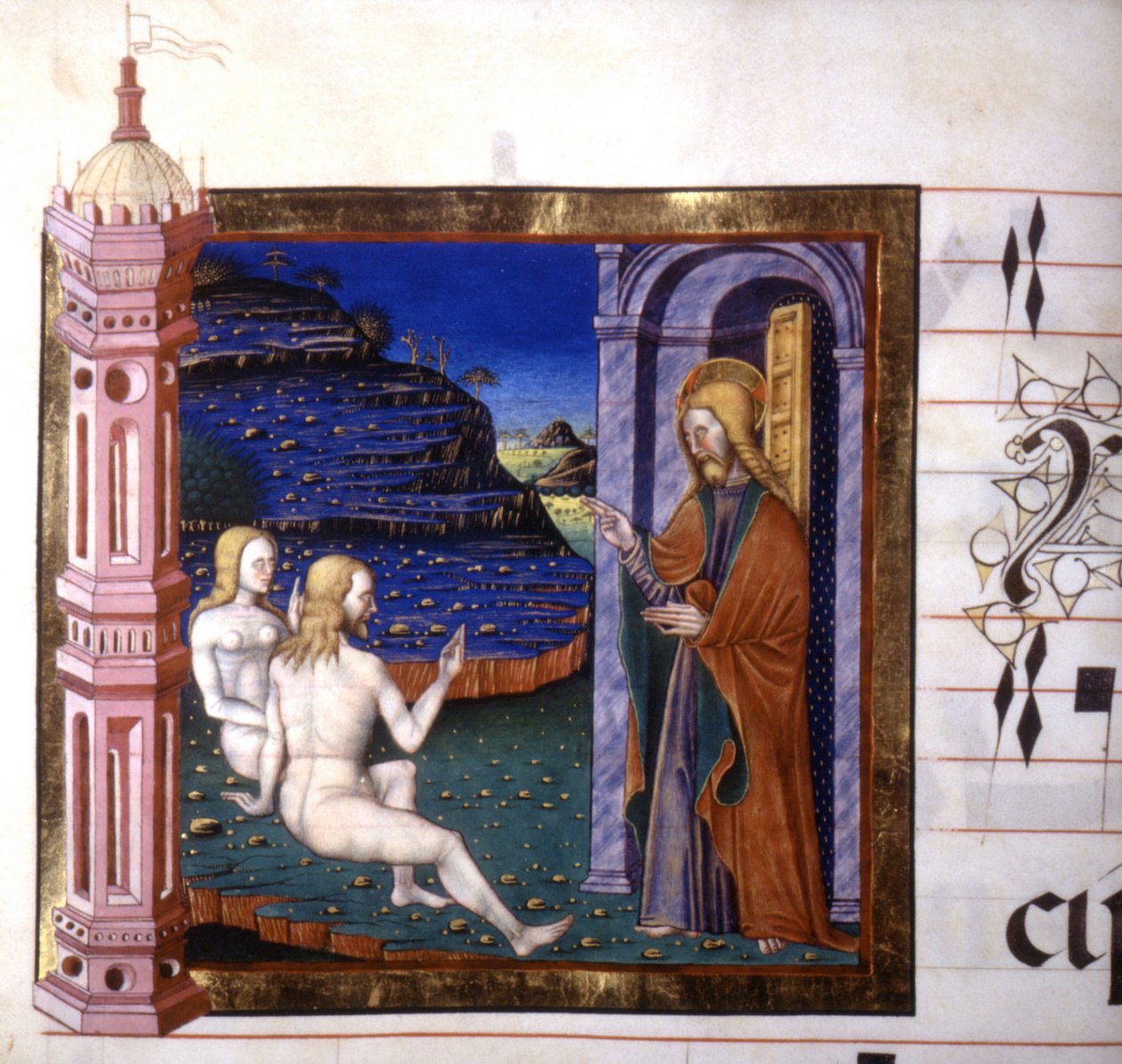 Miniatura zobrazující stvoření Adama a Evy Bohem. Antifonář. 15. století. Biblioteca od Lodi od Unknown artist