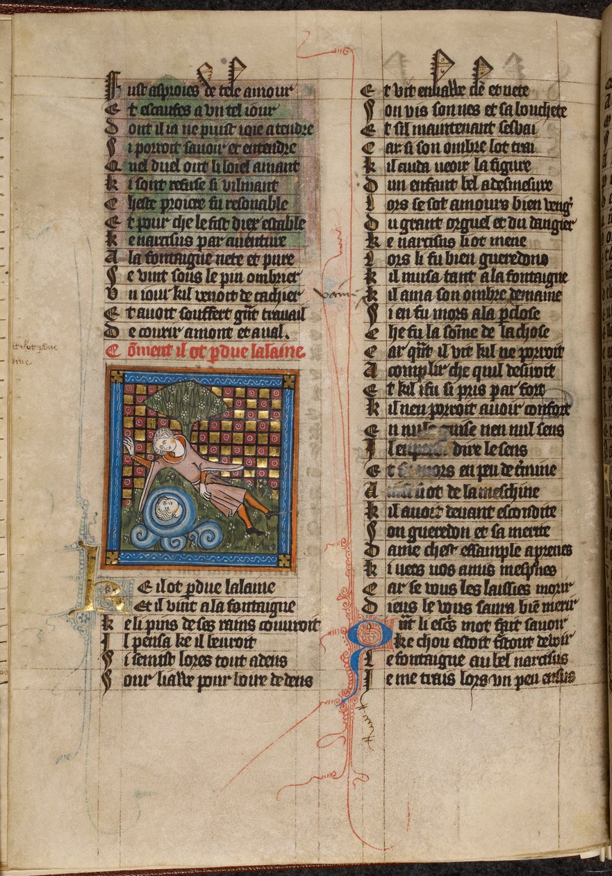 Miniatura Narcise obdivujícího svůj odraz ve fontáně z „Le Roman de la Rose“ od Unknown artist