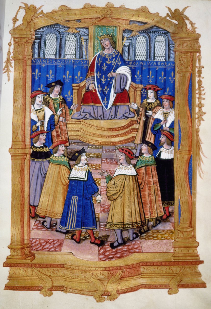 Miniatura z 15. nebo 16. století zobrazující Ludvíka XI. (1423-1483) a rytíře Řádu svatého Michaela. od Unknown artist