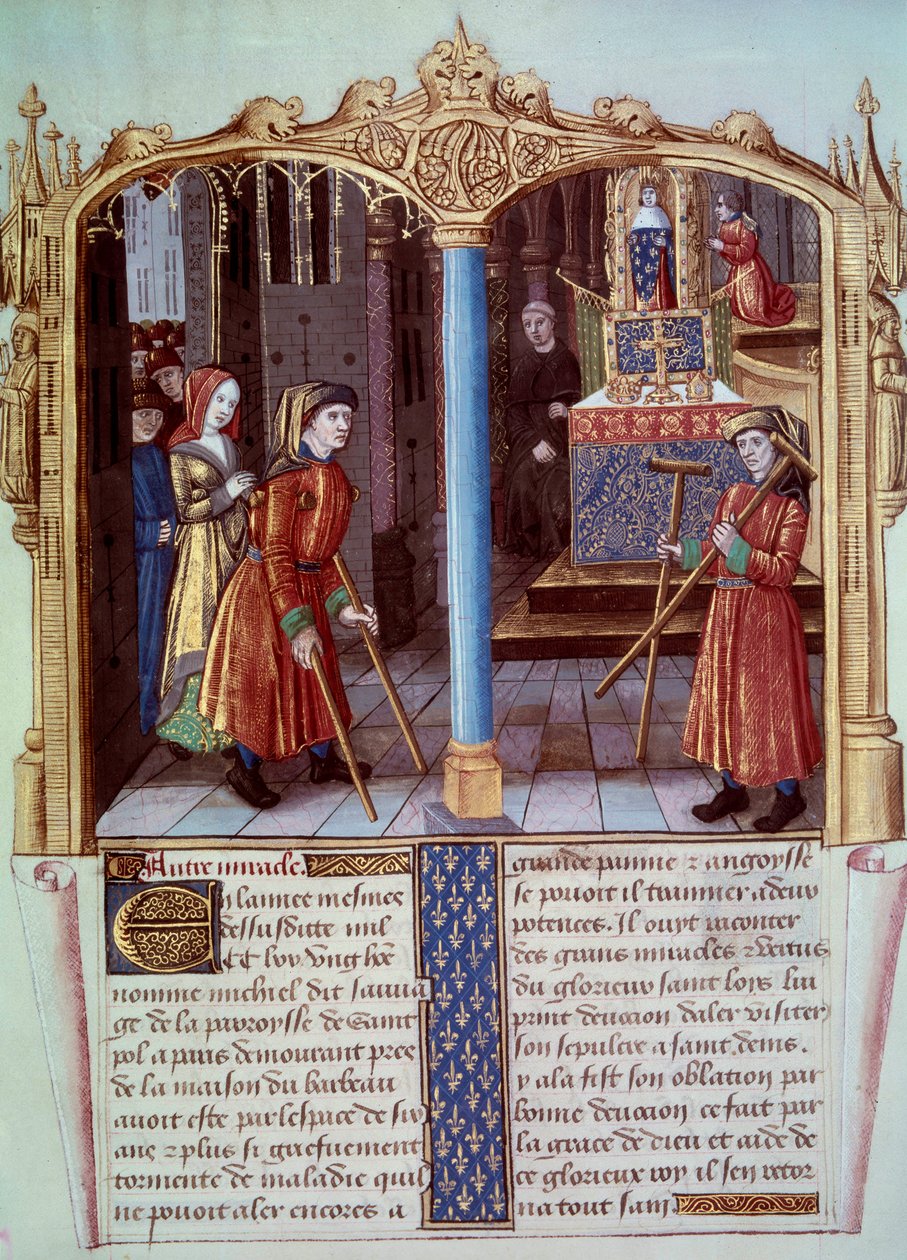 Miracle of Saint Louis (1214-1270): válečník chromého s bequilles. Miniatura ve filmu „Život a zázraky Saint Louis“ od Unknown artist