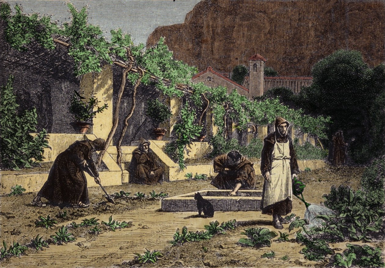 Klášterní zeleninová zahrada: zahrada mnichů, kde mohou pěstovat zeleninu ve své zahradě. Rytina 19. století od Unknown artist