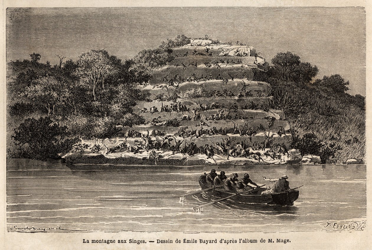 Opičí hora, podél řeky Senegal, krátce po vodopádech Gouina (Mali). Rytina k ilustraci příběhu o plavbě poručíka Mage v západním Súdánu v letech 1863 až 1866, publikovaná v „Le tour du monde, nouveau journal des voyages““ pod d od Unknown artist