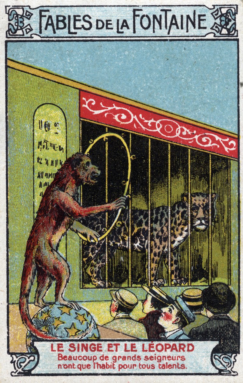 Opice a leopard - Bajky Jean de La Fontaine (1621-95) - Chromolitografie konce 19. století Soukromá sbírka od Unknown artist