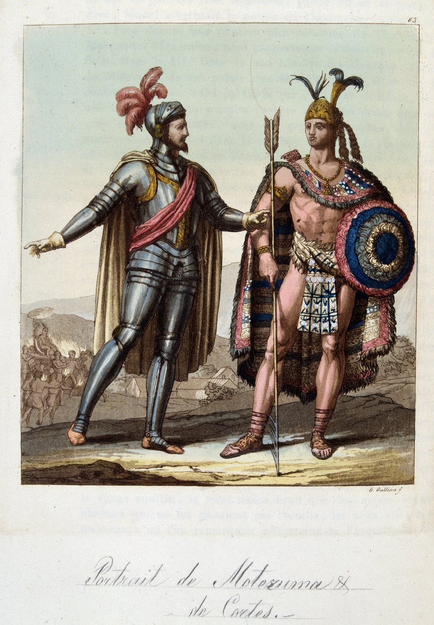Montezuma II., aztécký král a Hernan (nebo Hernando) Cortes nebo Fernand Cortez (1485-1547), španělský dobyvatel - v „“Starém a moderním kostýmu““ od Ferrario, ed. Milán od Unknown artist