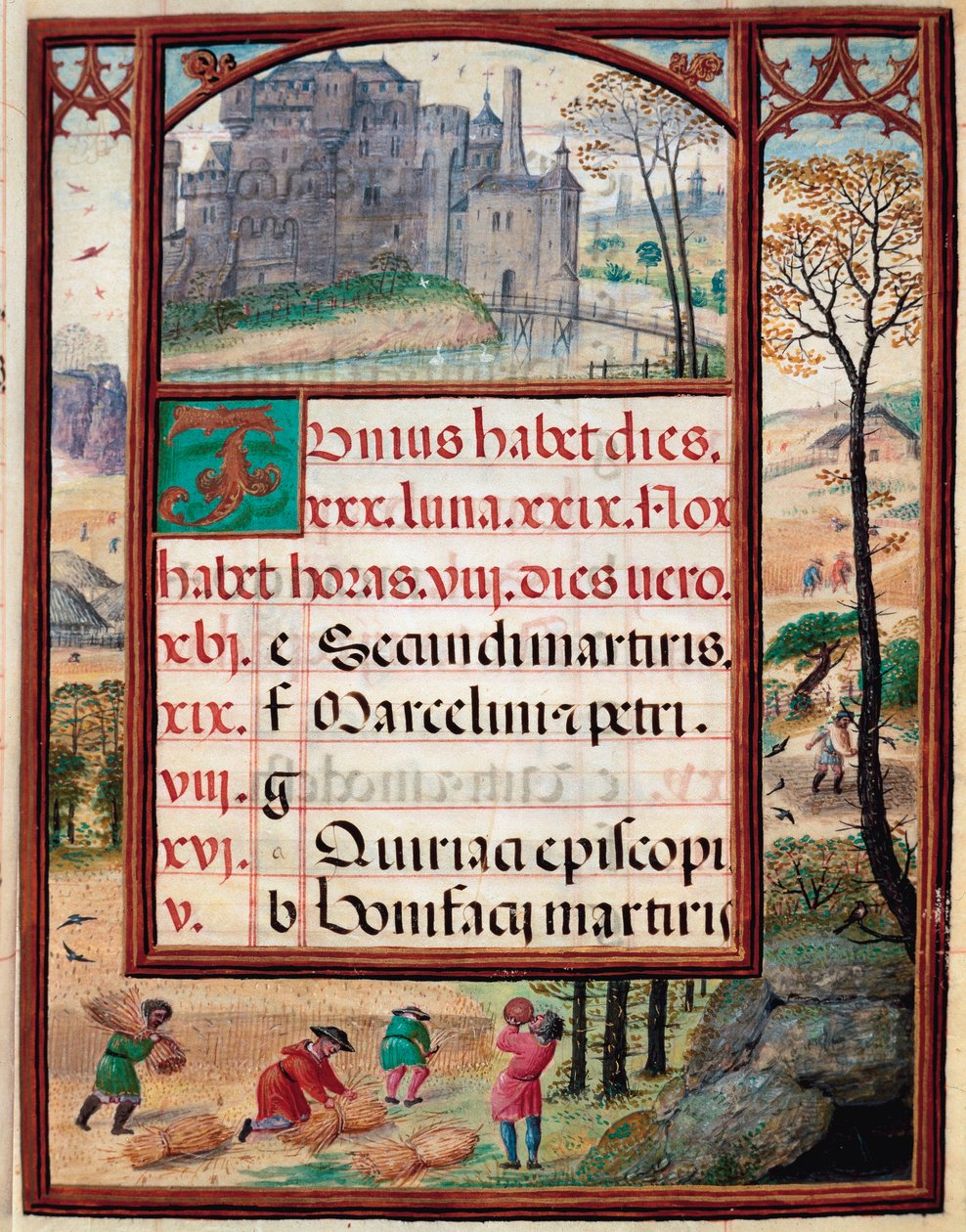 Měsíc červen: krajina a sklizně. Rolníci v práci. Strana rukopisu „Kniha hodin“ od Manuela I. Portugalského (1469-1521) 1517. Lisabon, Museo di Arte Antica od Unknown artist