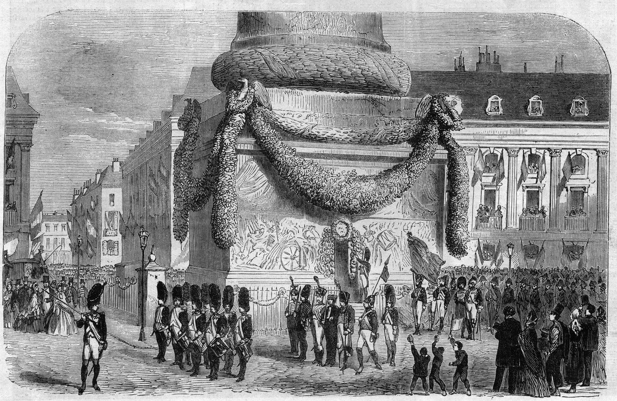 Ráno národní slavnosti 15. srpna 1864 u paty sloupu na náměstí Place Vendome v Paříži. Gravírování v „The Illustrious Universe“ od Unknown artist