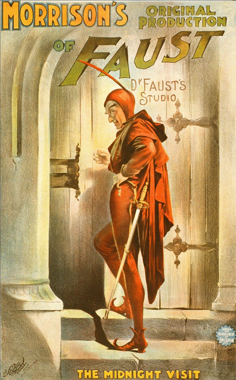 Morrisonova původní inscenace Faust: půlnoční návštěva - plakát ke hře: ilustrace Faustovy návštěvy od Unknown artist