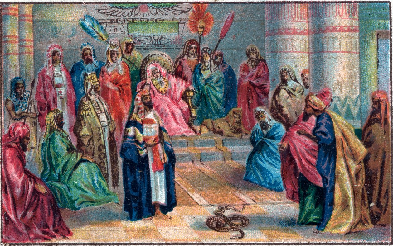 Mojžíš a Áron proti rozhněvanému faraonovi Chromolitografie konce 19. století. od Unknown artist