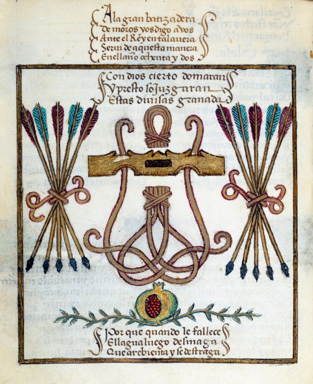 Motto katolických králů. Znak katolických králů. Miniatura v „“Devotorio de la Reyna Da Juana, kterému říkali La Loca”” od Pedra Marcuella od Unknown artist
