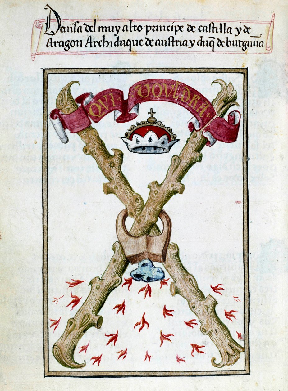 Motto burgundských vévodů. Rukopisná stránka převzata ze „Sbírky oddanosti královny Joan the Folle (1479-1555) Španělska““ od Pedra Marcuella („Oddaní královny Da Juany, které se říkalo Šílená“), Chantilly z 15. století, Musee Conde od Unknown artist