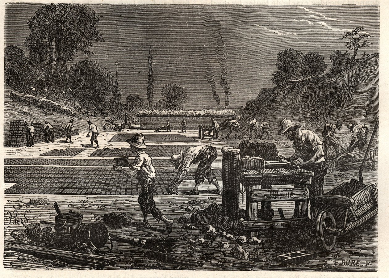 Moulage des Bricques - Lisování cihel - rytina v 