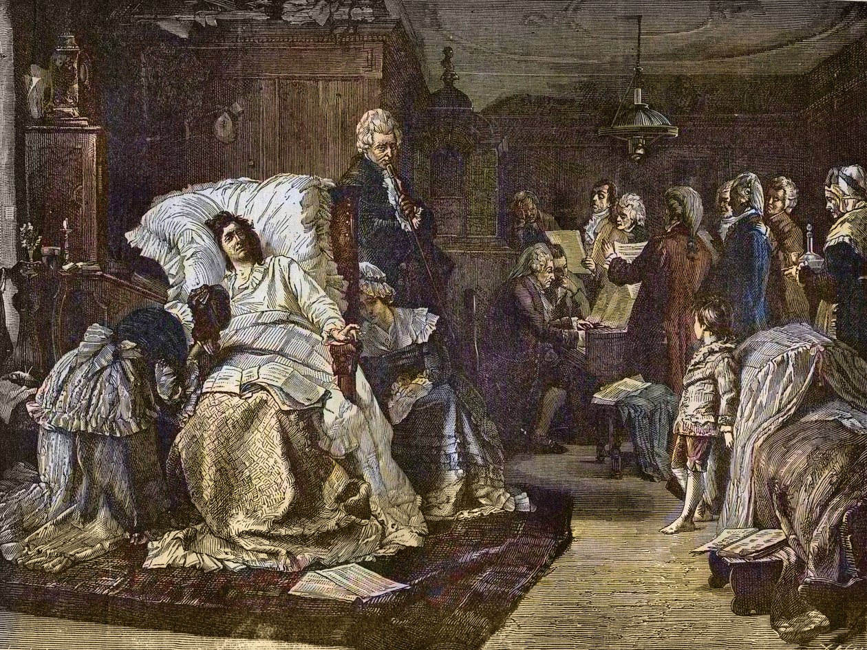 Mozartovy poslední dny po obraze Hermanna Kaulbacha (1846-1909) - Gli ultimi momenti di Mozart - Poslední den od Wolfganga Amadea Mozarta - rytina v proslulém týdeníku "”Populární hudba””” - 1882 od Unknown artist