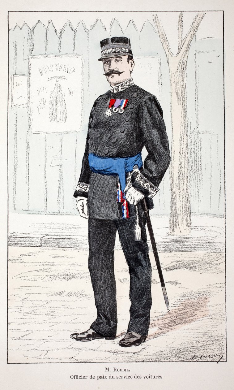 Pan Roudil, mírový referent autoservisu. Barevný lept, pro ilustraci Kniha „Historie sboru mírových jednotek“““ vydaná pod záštitou Louise Lepinea (1846-1933), prefekta policie na Seině, od Alfreda Reye (1864-?) a Lo od Unknown artist