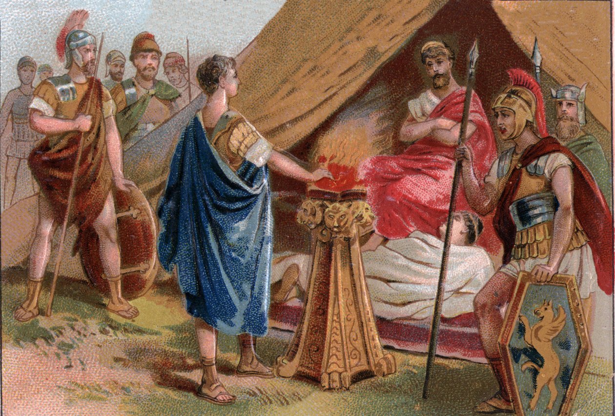 Mucius Scaevola před Porsennou (Mucius Scaevola před Porsennou). Caius Mucius Scaevola, mladý římský patricij zajatý královskou stráží Porsenny (Porsinna, Porsena) od Unknown artist