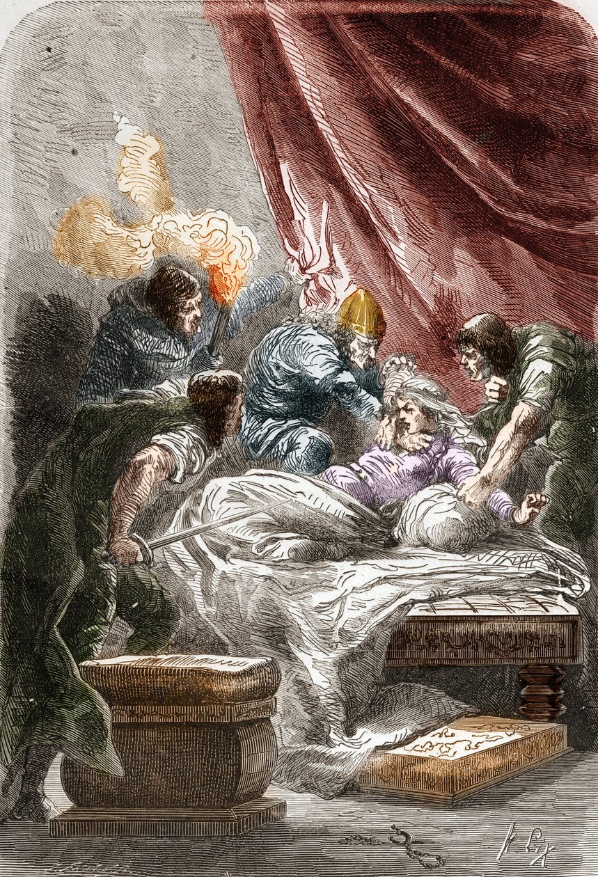 Zavraždění Galswinthe (Galsuinde) (Galsuinte) (asi 545 - 567), královny Franků v Neustrii, manželky Chilperika I. (franského krále). Rytina v „“ Histoire De France En Cent Paintings od Paula Lehugeura „“ 1891 od Unknown artist