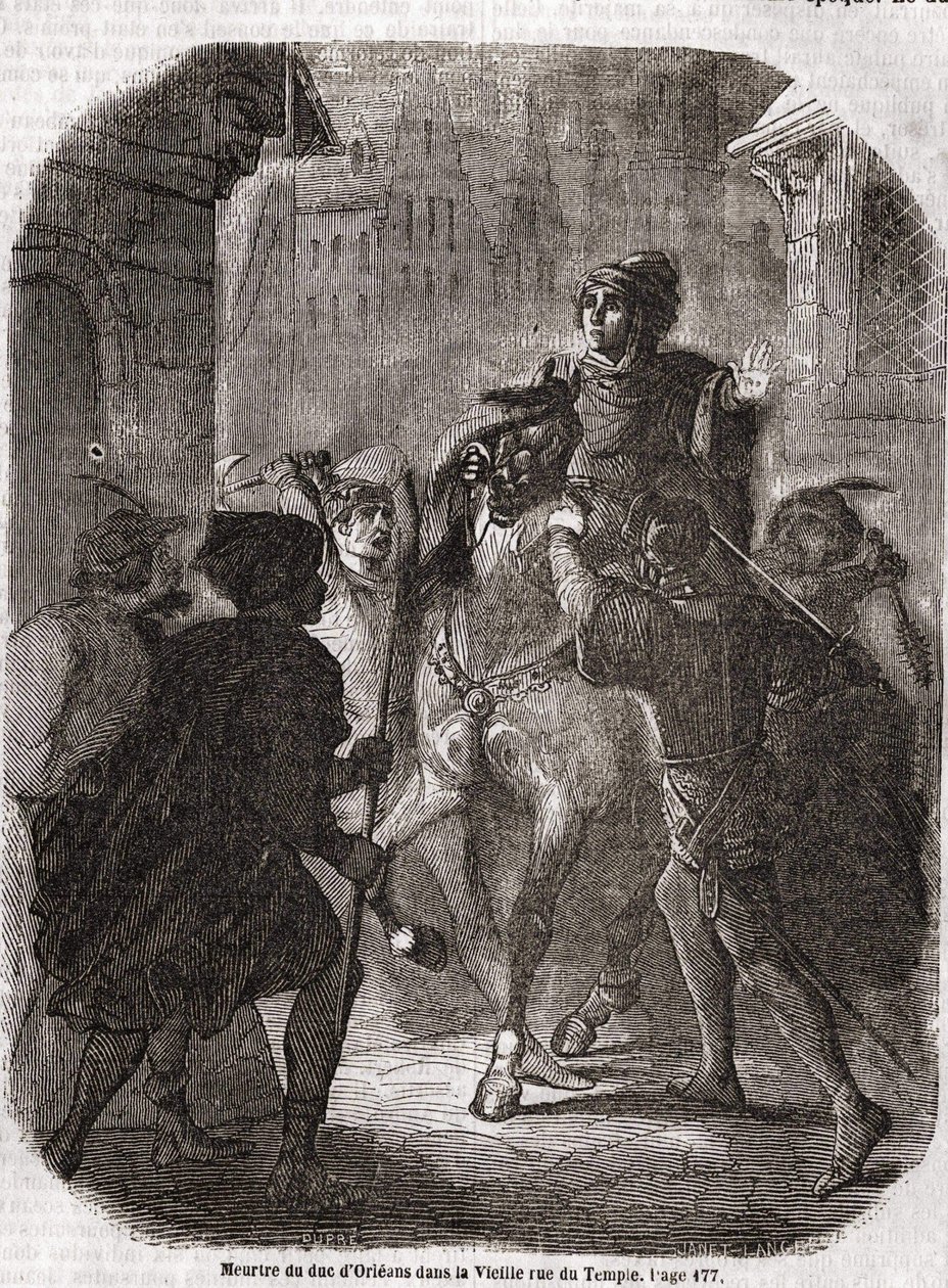 Vražda Ludvíka I. z Valois, vévody z Orléans (1372 - 1407) ve Staré Rue du Temple od Jeana Sans Ppeura - v „“ Histoire de France““ od L.-P. Anquetil od Unknown artist