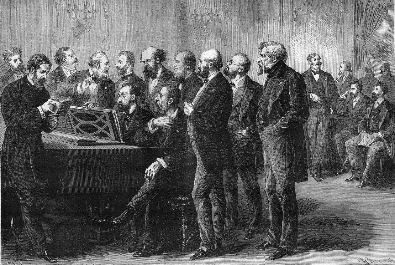 Hudební soutěž města Paříže v roce 1878. Porota v Palais du Luxemburg zkoumala skóre „Pardis lost“ a „Mug“. Zleva doprava: Column, Perrin, Cherouvrier, Gounod, Boulanger, Camille Saint Saens (Saint-Saens), Lenepveu, vaucorbe od Unknown artist