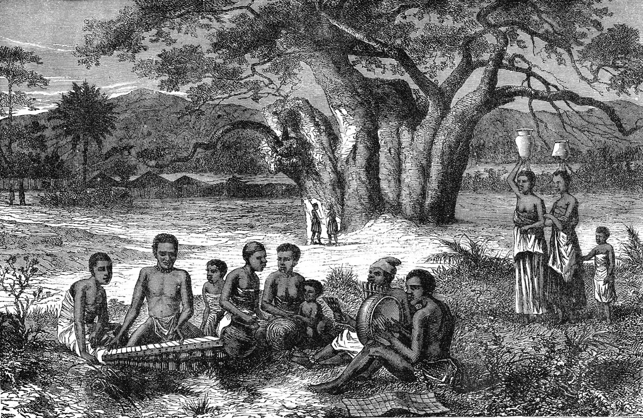 Hudebníci na březích řeky Zambezi, Afrika. Rytina 1885 od Unknown artist