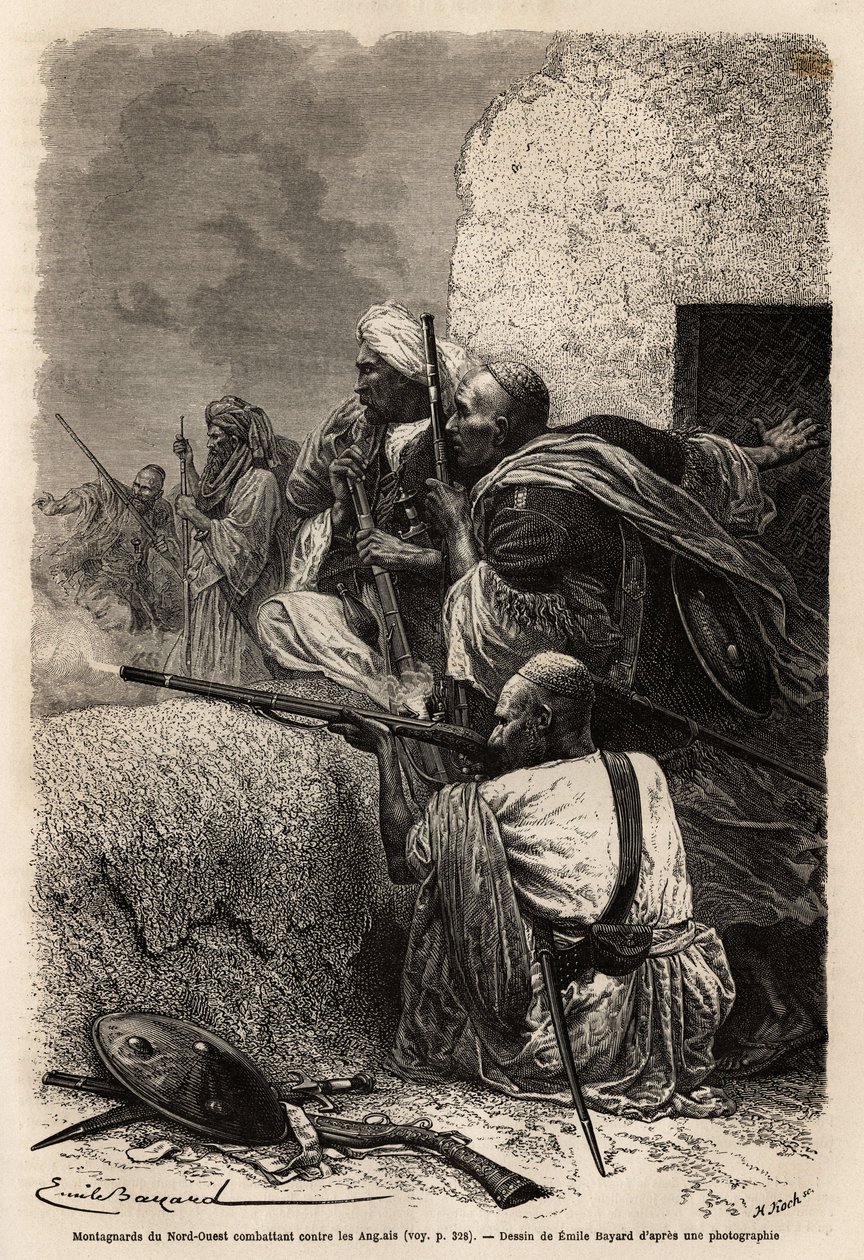 Muslimští horolezci se usadili v horách Svat a bojovali v roce 1863 s anglickou výpravou, aby zastavili drancování vesnic v regionu. Rytina k ilustraci příběhu o Pandžábu a Kašmíru od Guillauma Lejeana v roce 1866, publikovaná v „“ Le tour du od Unknown artist