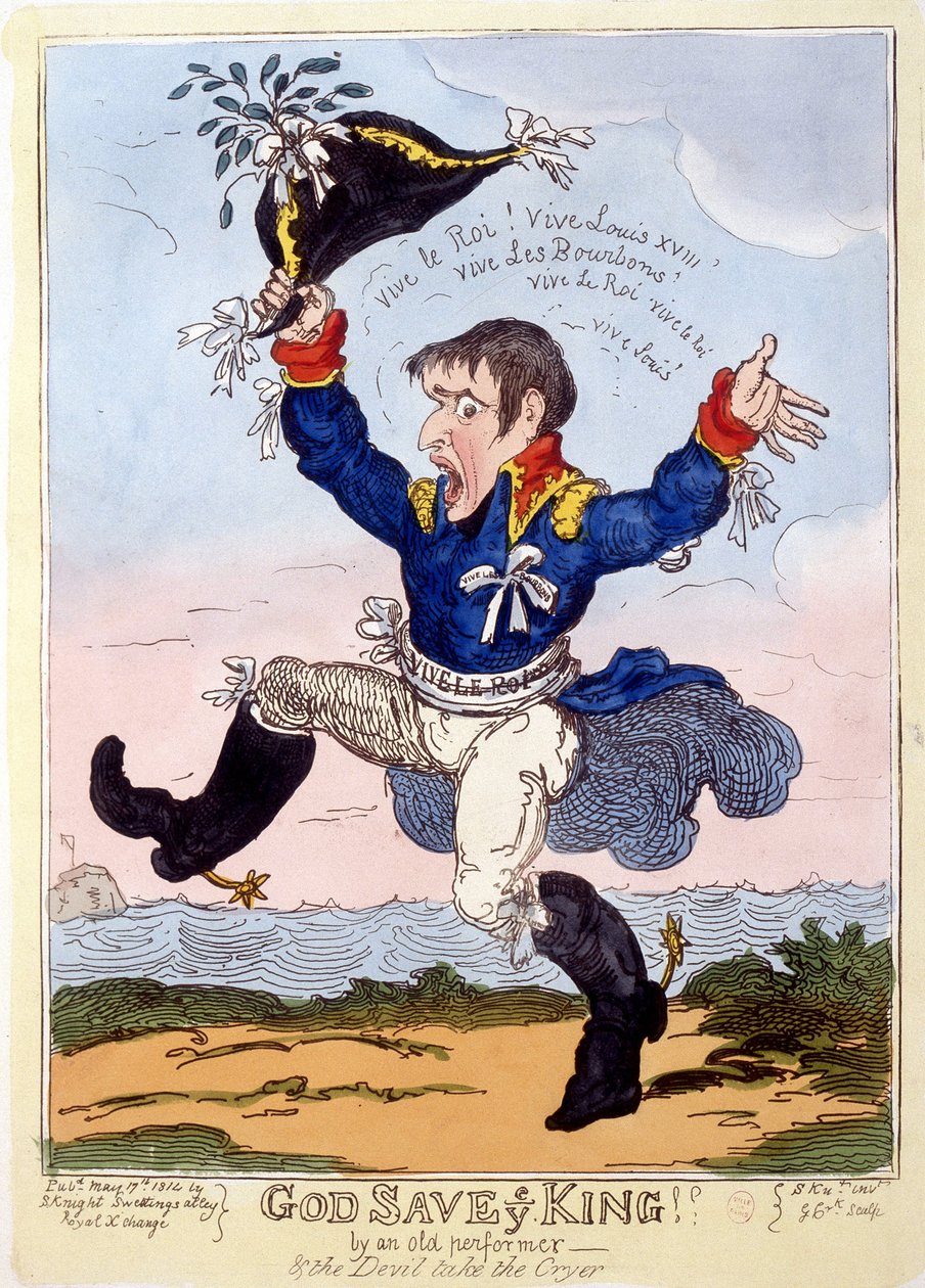 Napoleon 1er zpívá „“Vive le roi““ na příchod Ludvíka XVIII. – ve sbírce karikatur „“Napoleon 1er“ od Unknown artist