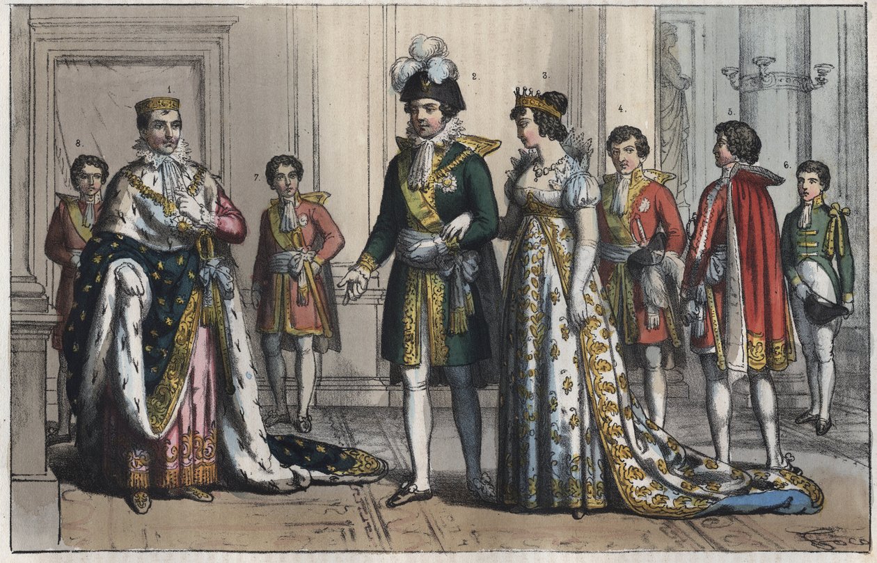 Napoleon Bonaparte (1769-1821), jako král Itálie - Viceroy (místokrál) - manželka místokrále - Butler - Lord Chamberlain - Page-boy - equerry - ceremoniář - rytina z "" Customs and Customs of All Peoples of Universe. aneb Historie vlády, od Unknown artist