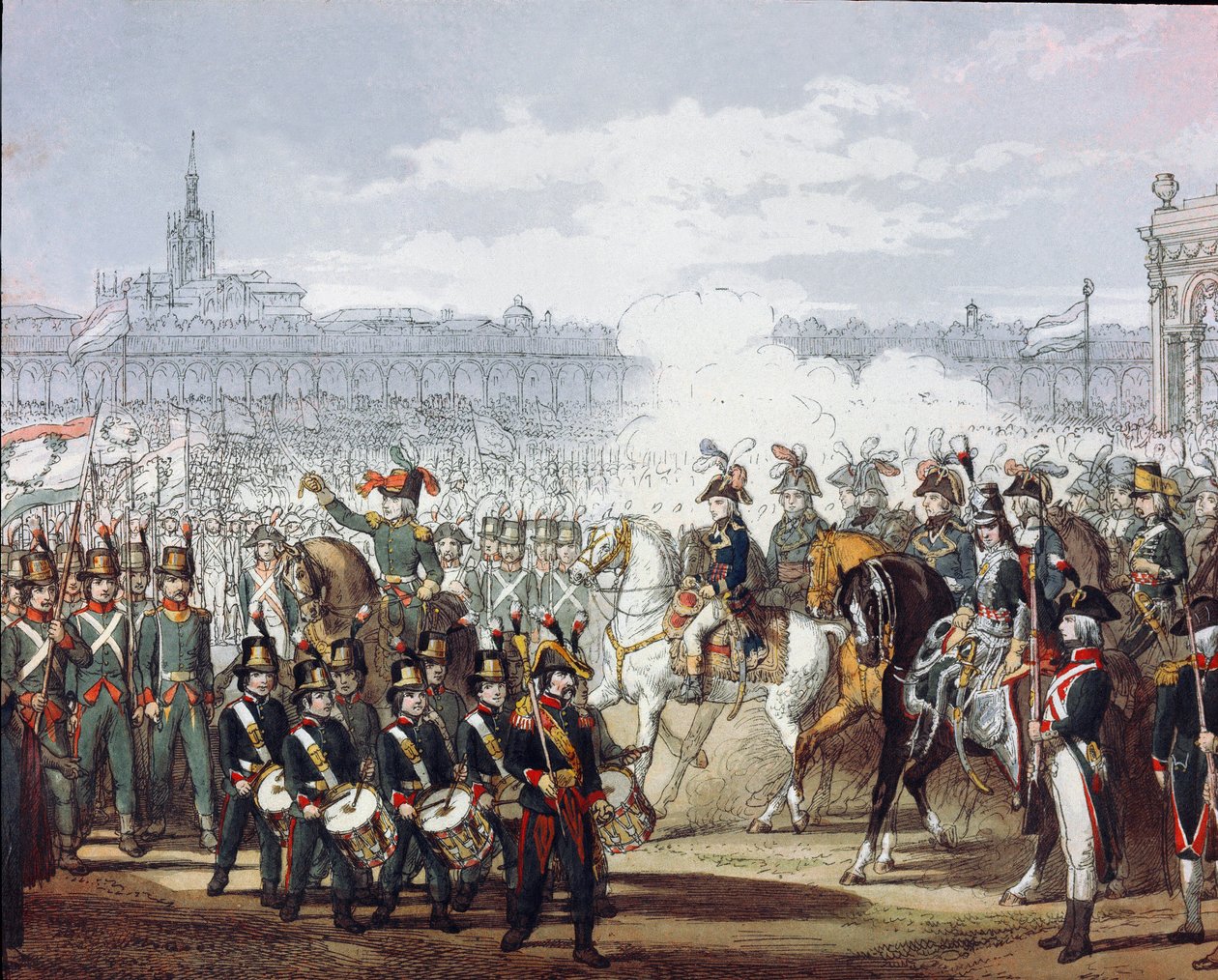 Napoleon Bonaparte (1769-1821) hodnotí Lombardskou a Cispadanskou legii milice dne 09.07.1797 Akvarel rytina. Milán, Museo del Risorgimento od Unknown artist