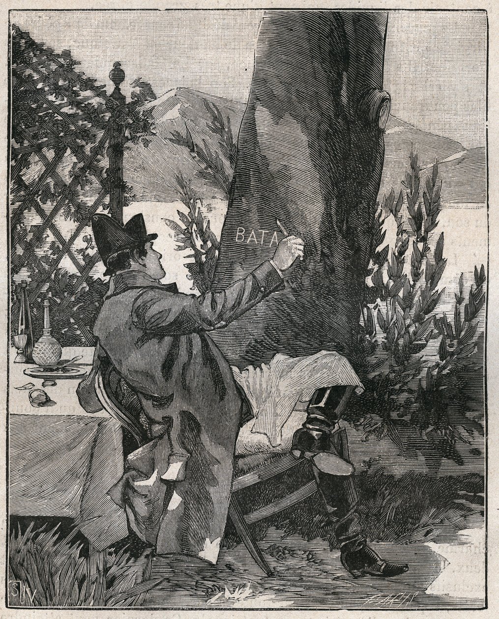 Napoleon Bonaparte (1769-1821) napsal slovo „Battaglia“ na kmen vavřínu na ostrově Isola Bella u jezera Maggiore (Lago Maggiore), tři dny před bitvou u Marenga v roce 1800. Rytina z roku 1885 v „“ Les arts et metiers illustres“ od Unknown artist