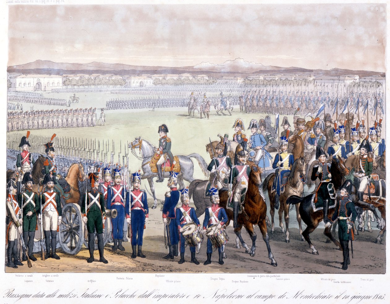 Napoleon Bonaparte recenzoval italské a polské milice v Montechiaro v roce 1805. Rytina z roku 1845 od Unknown artist