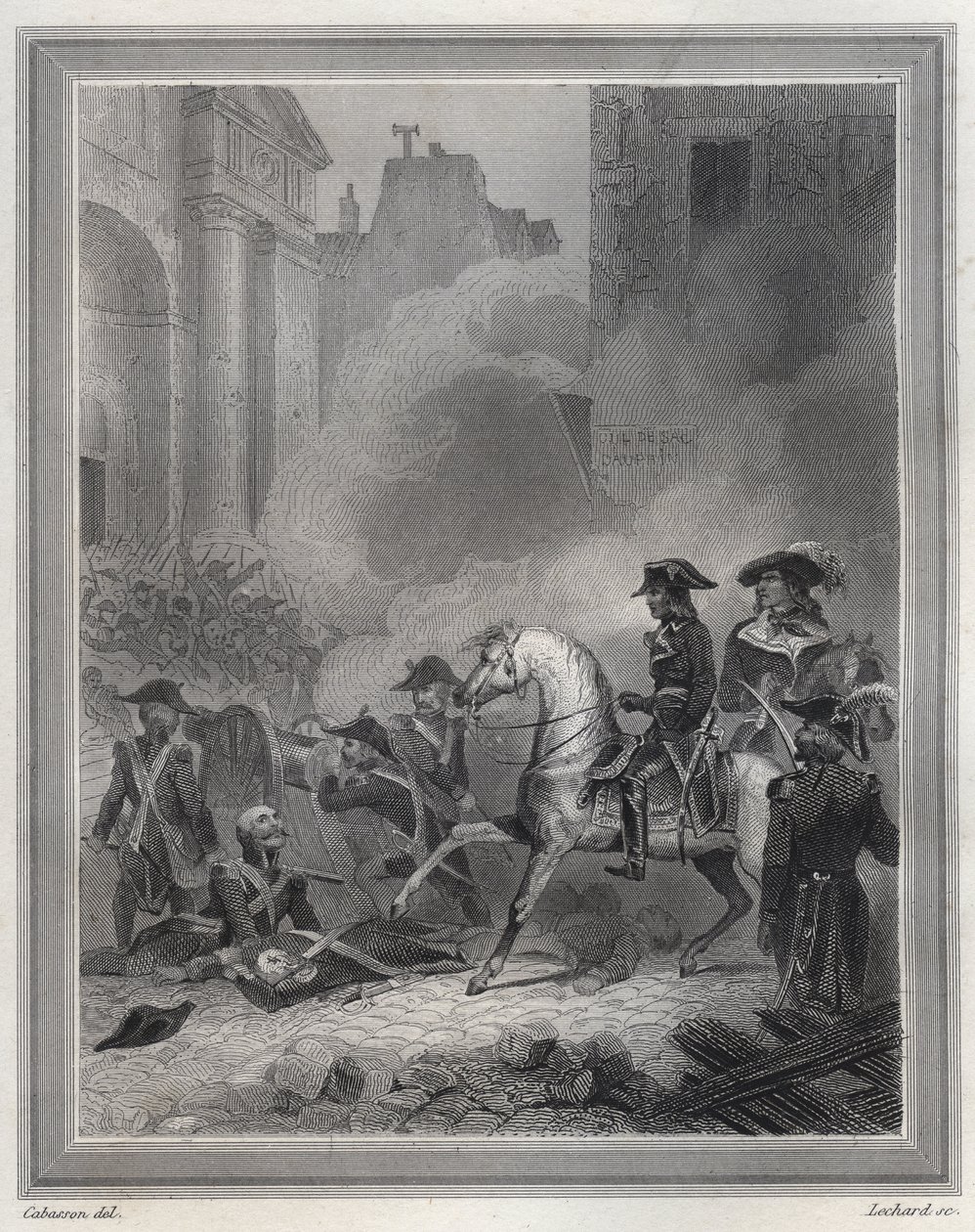 Napoleon drtící rojalistické povstání - Napoleon Bonaparte (na koni) velící revolučním jednotkám v pouličních bojích 13. Vendemiaire (5. října) - 13. Vendemiaire 1795 (Royalistické povstání z 5. října 1795): Bonaparte znovu pobodal řád shoo od Unknown artist