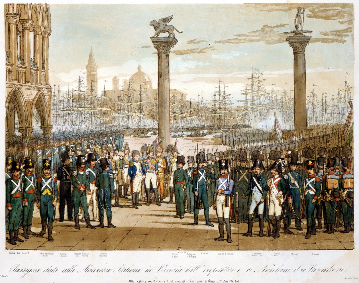 Napoleon I. v Benátkách dne 29. listopadu 1807 před italským námořnictvem. Rytina z roku 1845 od Unknown artist
